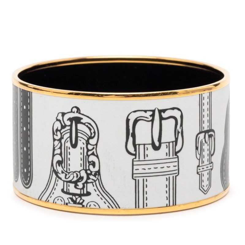 Hermes Enamel TGM Cloisonne Belt Motif Bangle Gold White Plated Bracelet