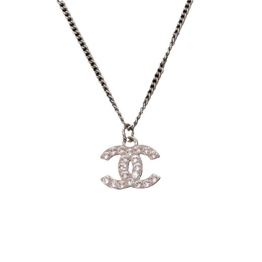 Chanel Coco Mark Metal Rhinestone Silver 0834 Necklace