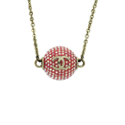Chanel Coco Mark Mirror Ball Metal Rhinestone Red Necklace 0463
