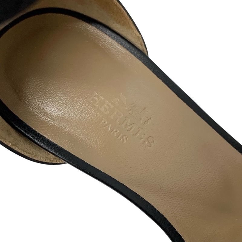 Hermes Legend Sandals Shoes Leather Black Ankle Strap Wedge Sole