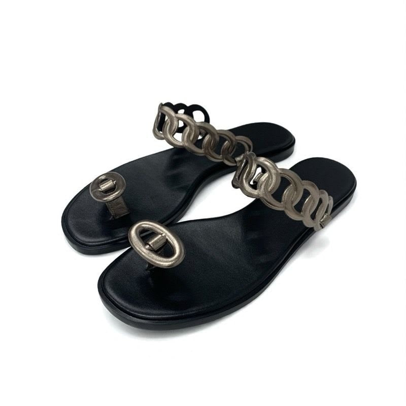 Hermes Eos Sandals Shoes Leather Black Metallic Chaine D'ancre Flat