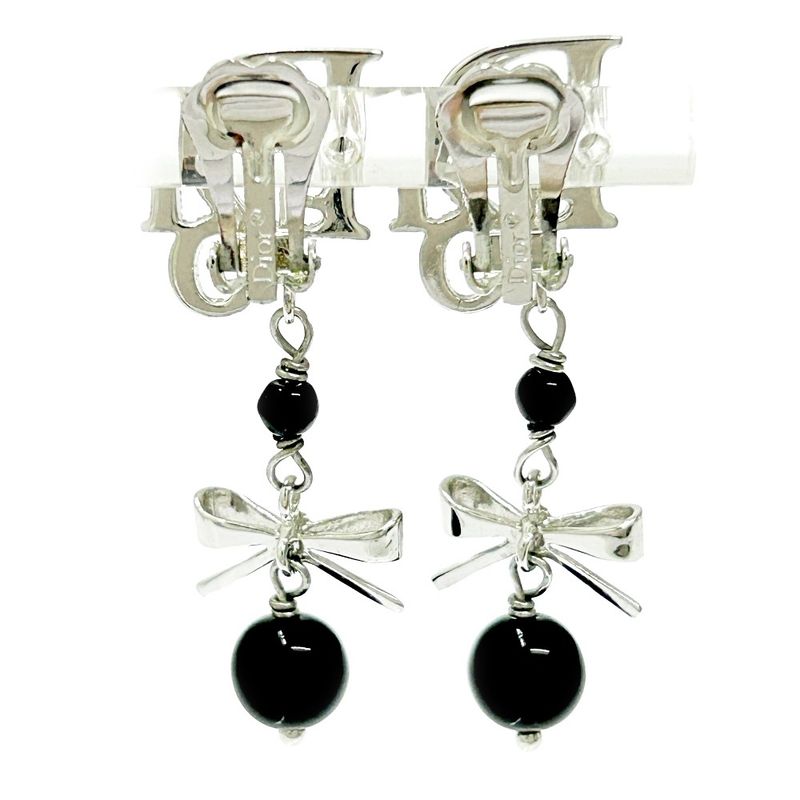 Christian Dior Metal Rhinestone Dior Logo Swing Ribbon Earrings Silver 291225