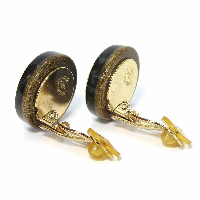 Chanel Earring Coco Mark Clover Four Leaves Black Gold Plated GP 01C Accessory