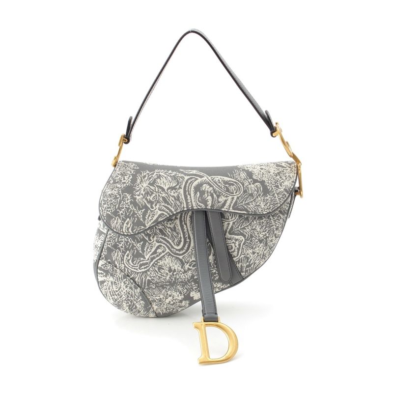 Dior Cotton Toile De Jouy Embroidered Saddle Shoulder Bag Gray