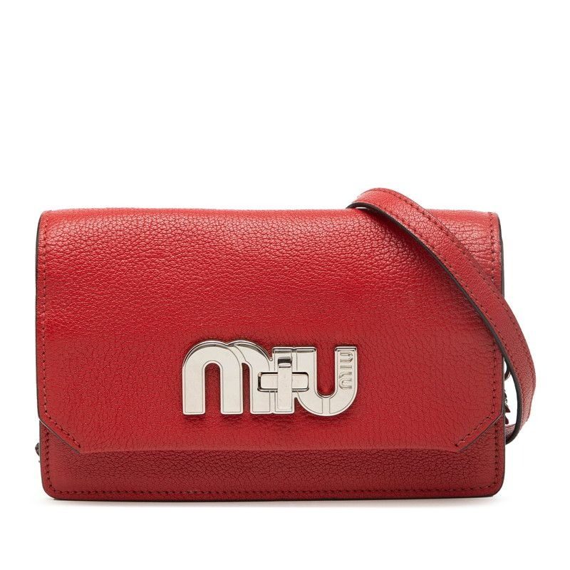 Miu Miu Miu Logo Chain Shoulder Bag Red Madras Leather