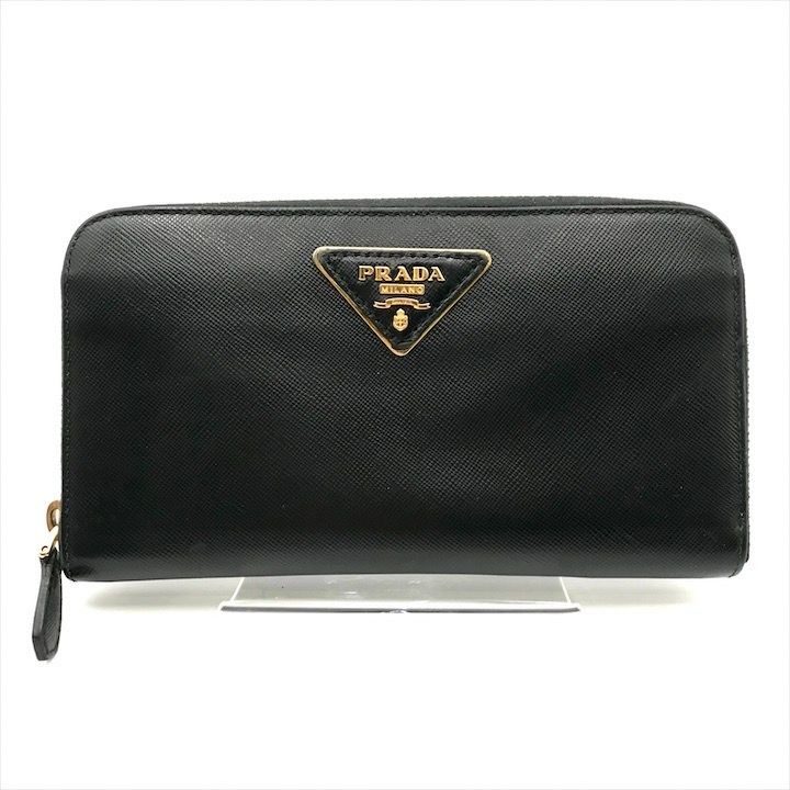 Prada Big Logo Saffiano Zip Around Wallet Black
