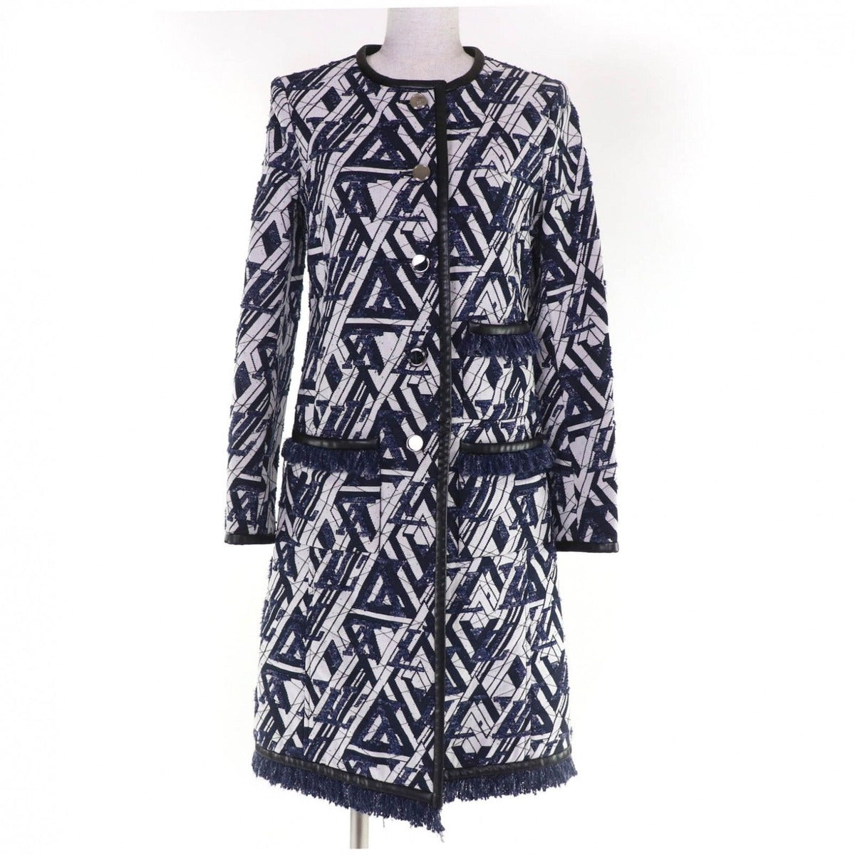 Louis Vuitton Leather Piping Monogram Fringe Coat White Indigo 34