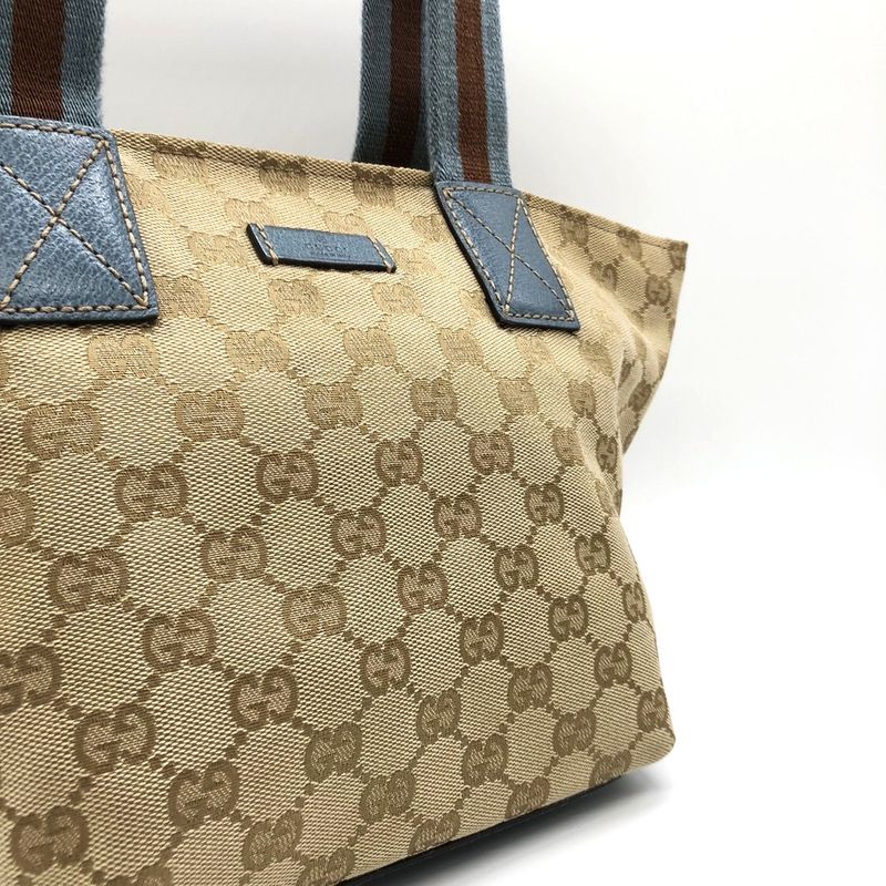 Gucci 131228 Handbag Tote Sherry Line GG Canvas Light Blue Brown Women Men