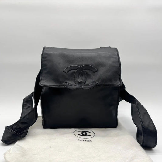 Chanel Backpack Big CC Logo Lambskin Leather Black with Seal