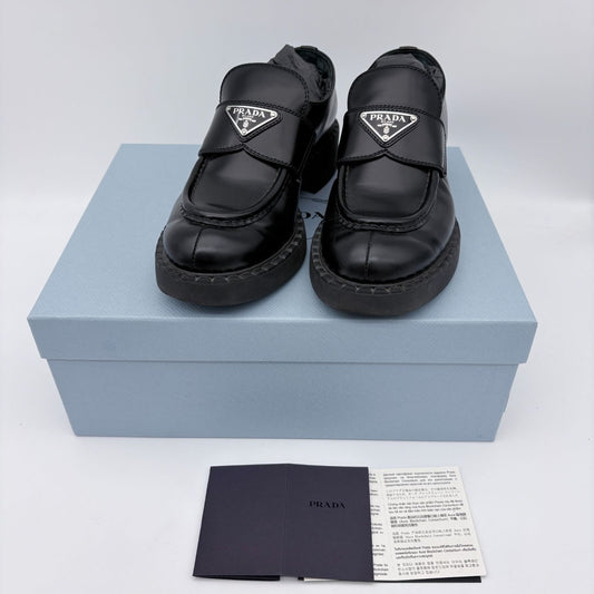 Prada Chocolate Brushed Patent Leather Loafers Black