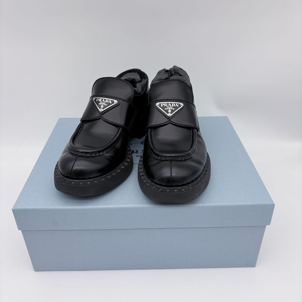 Prada Chocolate Brushed Patent Leather Loafers Black — view 3