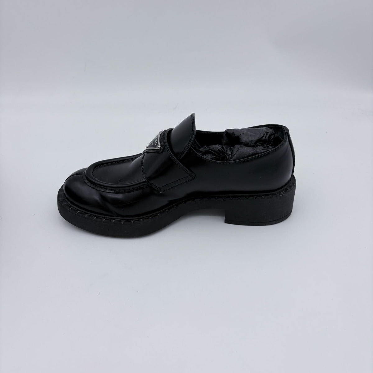 Prada Chocolate Brushed Patent Leather Loafers Black — view 8