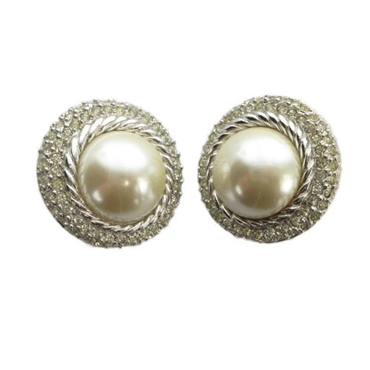 Dior Earrings Clip Type for Both Ears Pearl Line Stone 15 mm Silver
