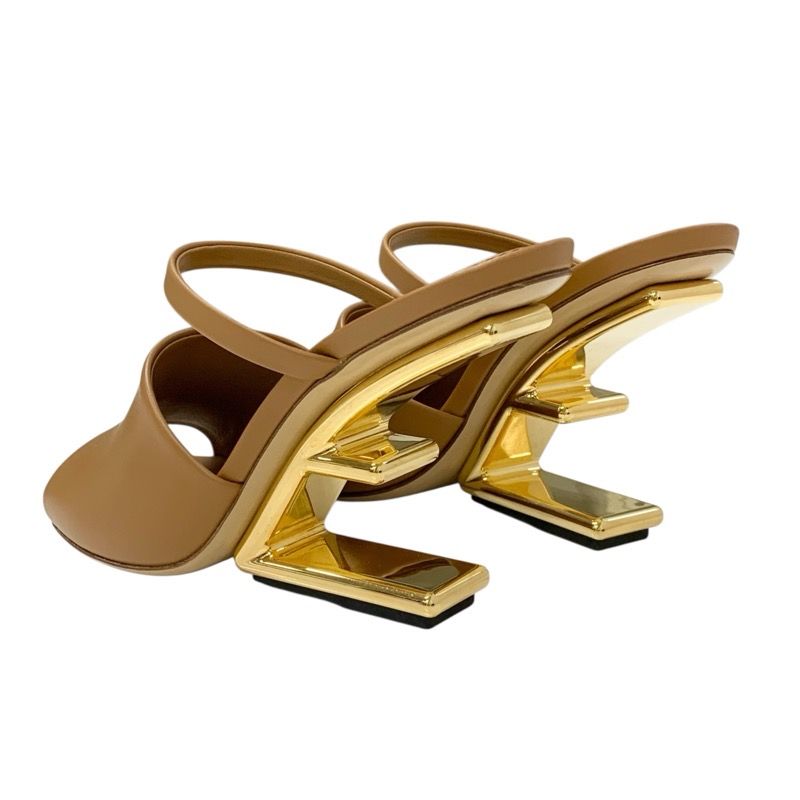 Fendi First Sandals Shoes Leather Brown Gold Unused Mule Metal Heel Strap