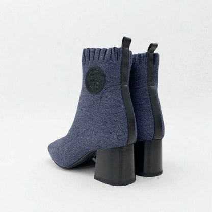 Hermes Volver Boots Short Shoes Knit Leather Blue Black Exlibris Sock