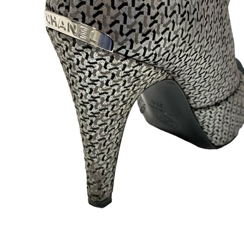 Chanel Boots Short Boots Shoes Fabric Leather Silver Black Logo