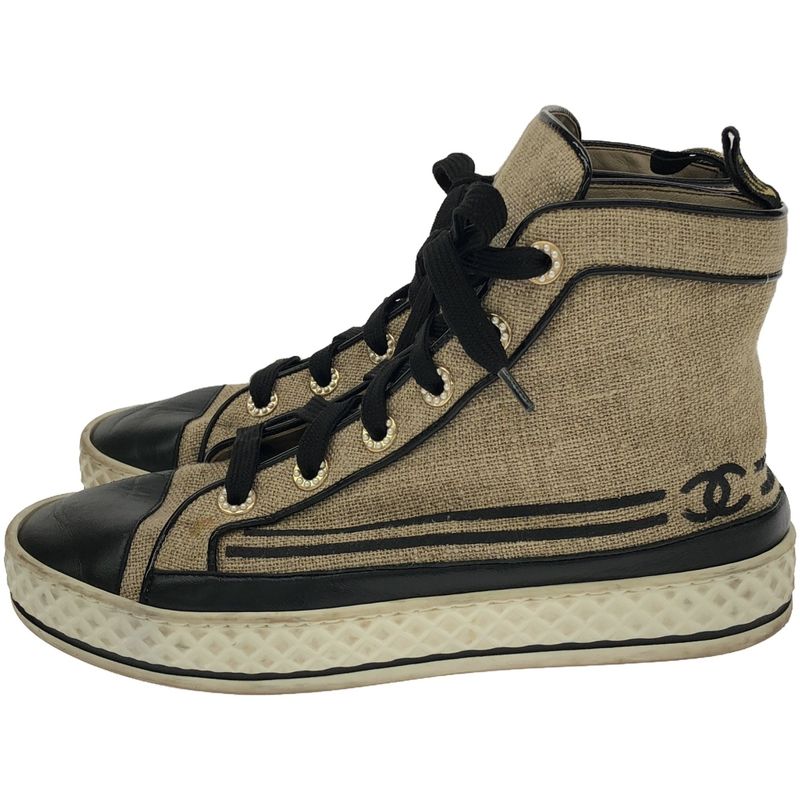 Chanel Leather Canvas Combination Sneakers G34222 Beige 37 1 2