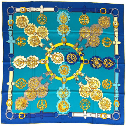 Hermes Carre 90 Cuivreries Copperwork Scarf Silk Blue Multicolor