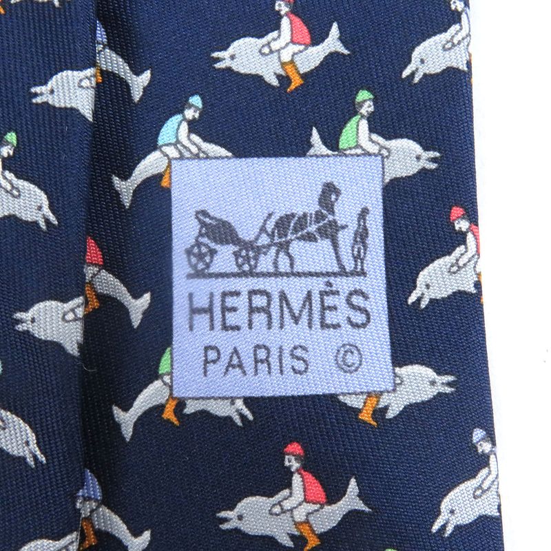 Hermes 5241 SA 100% Silk Dolphin All Over Pattern Wide Tie Marine Made In
