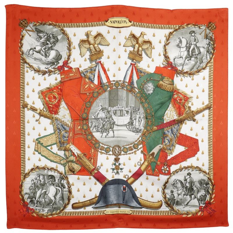 Hermes Carré 90 Napoleon Silk White/orange Women's Scarf