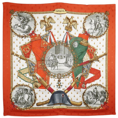 Hermes Carré 90 Napoleon Silk White/orange Women's Scarf