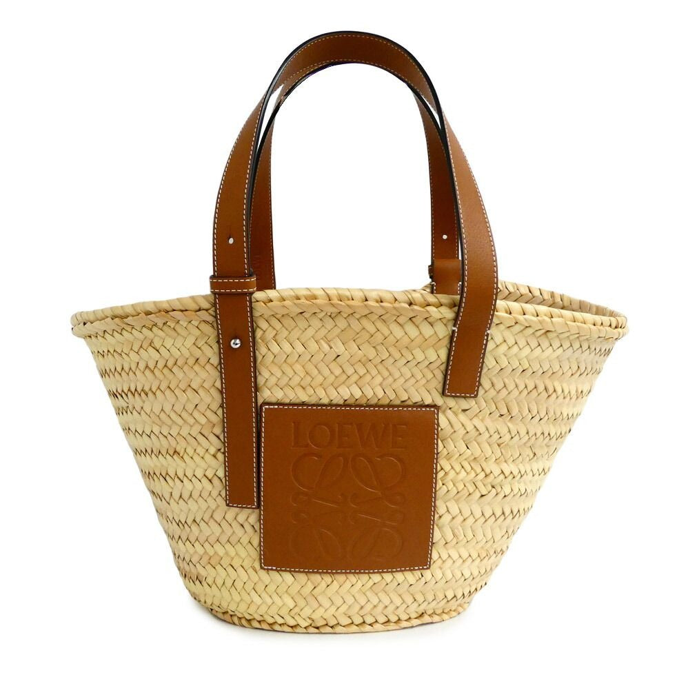 Loewe Basket Natural Tan Raffia Palm Leaf Leather Tote