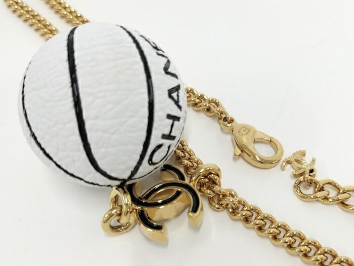 Chanel Necklace Basketball Motif Coco Mark Plated Gold White B24C