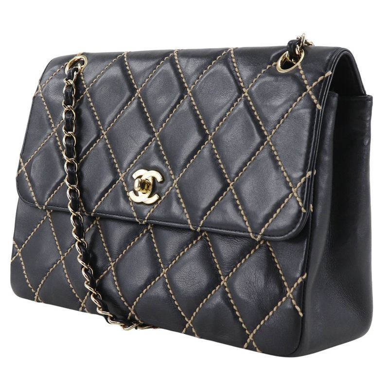 Chanel Wild Stitch Double Chain Shoulder Leather Black Women's Shoulder Bag