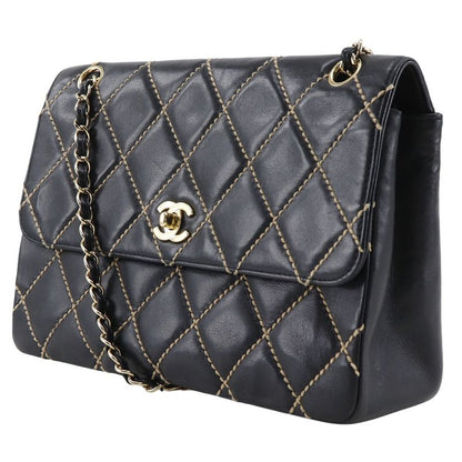 Chanel Wild Stitch Double Chain Shoulder Leather Black Women's Shoulder Bag