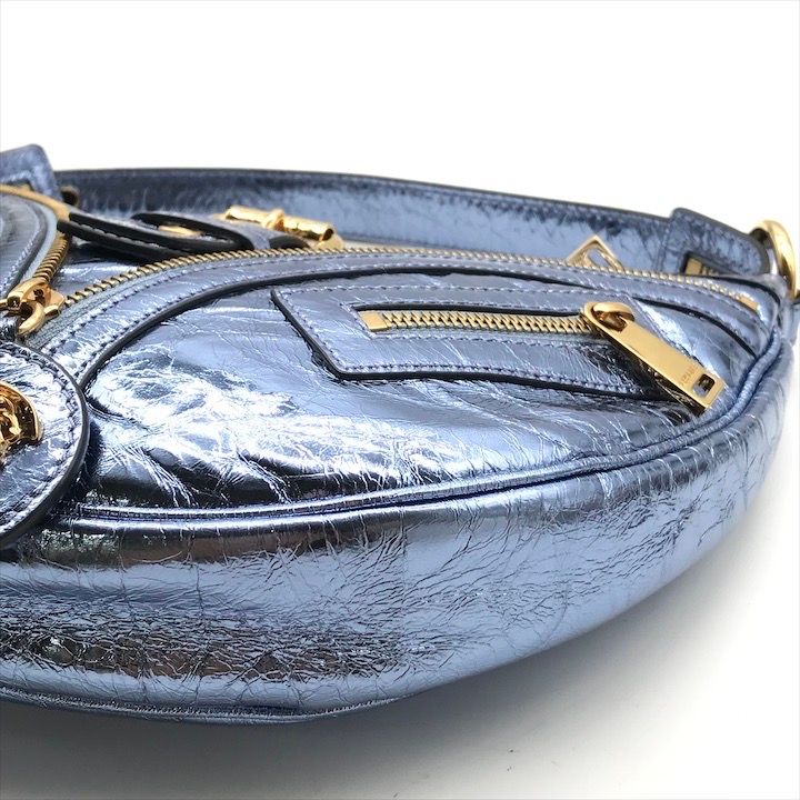 Versace Medusa Metallic Leather Repeat Hobo 2-Way Hand Shoulder Bag Blue