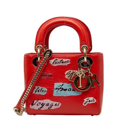 Dior Visual Lady Dior Mini 2-Way Shoulder Bag Red Leather