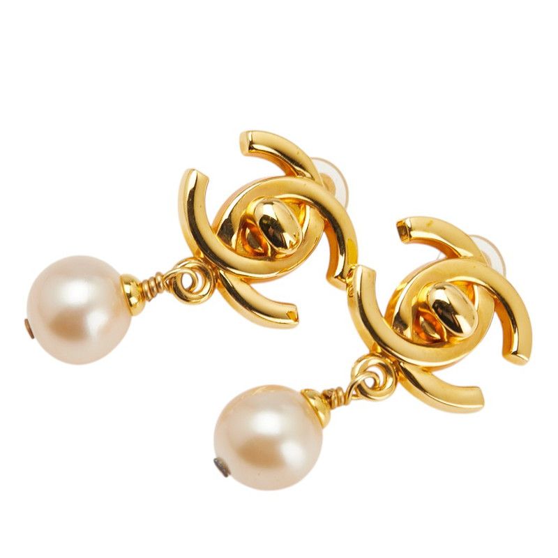 Chanel Coco Mark Turnlock Earrings Swing Gold Plated Faux Pearl Ladies Chanel