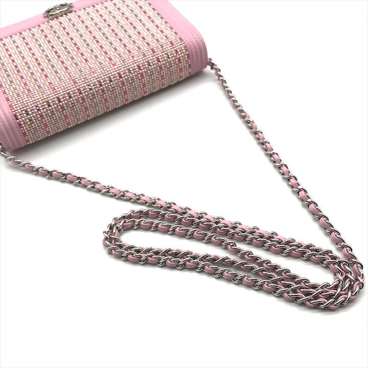 Chanel CC Logo Line Stone Chain Wallet Shoulder Bag Pink