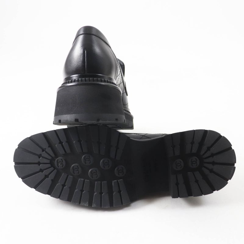 CHANEL 23A G45074 Matelasse Coco Mark Leather Loafers Black Gold Hardware 39.5