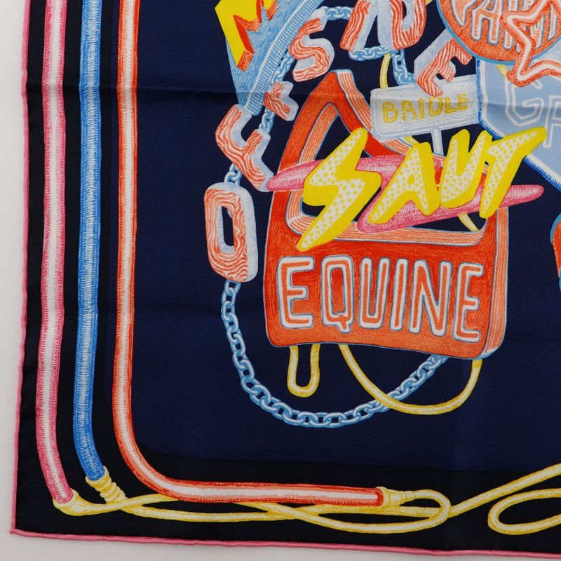 Hermes Carré 45 Gavroche Chevaloscope Neon 23SS Silk Dark Blue Pink Women's