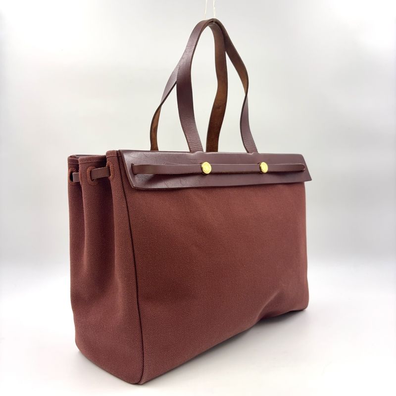 Hermes Herbag Cabas Su GM □F Engraved Leather × Canvas Brown Shoulder Bag Gold