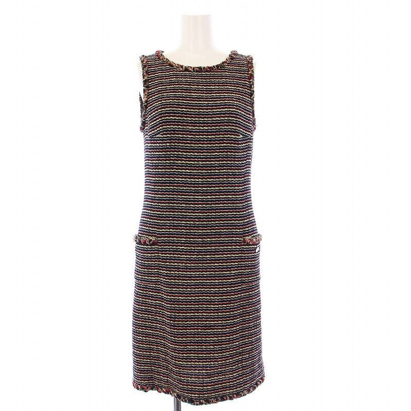 Chanel 2011 Model Tweed Dress Sleeveless Knee Length Coco Mark Button 36