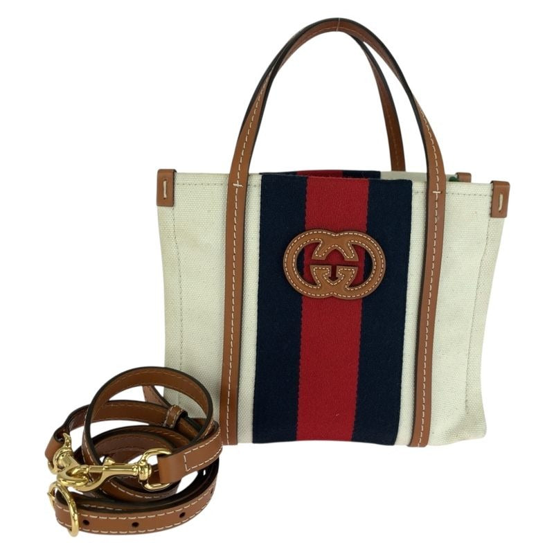 Gucci Interlocking White Brown Gold Hardware Canvas Tote 2-Way