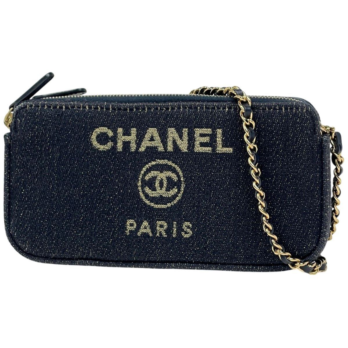 Chanel Logo Chain Shoulder Bag Wallet CC Canvas Navy