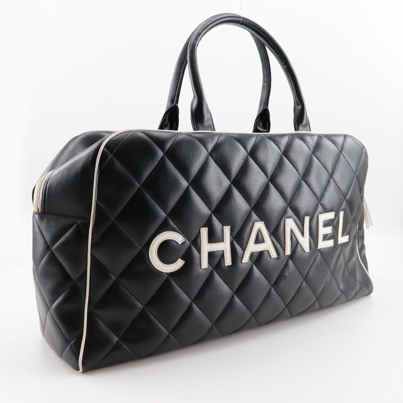 Chanel Matelasse Logo Vintage A05943 Calf Black Ladies Boston Bag