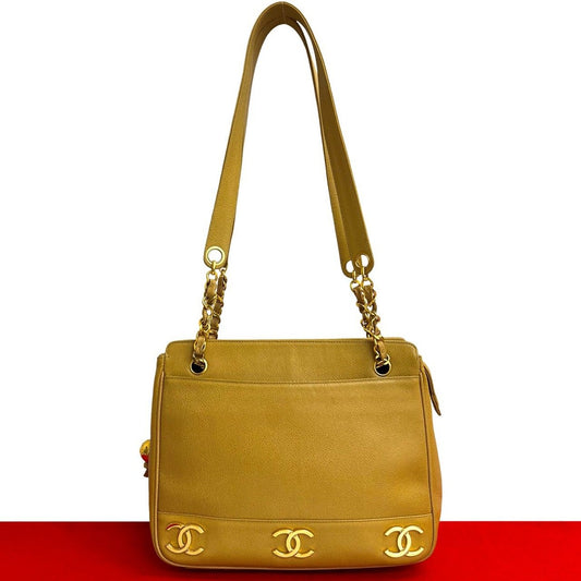 Chanel Vintage Triple Coco Caviar Leather Chain Tote Beige