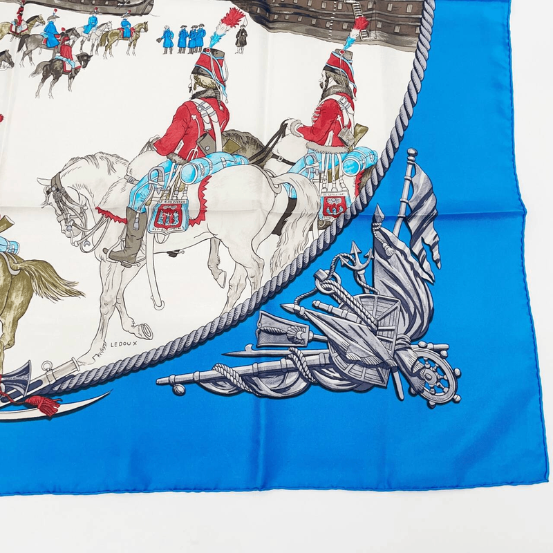 Grade Hermes Carré 90 Marine ET Cavalerie Sea And Cavalry Blue 100% Silk Scarf