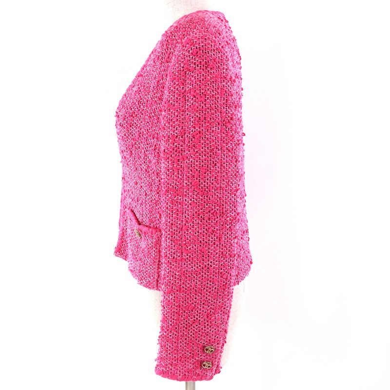 CHANEL P70041 Coco Mark Gold Button Cotton Tweed Collarless Jacket Pink 36 Made