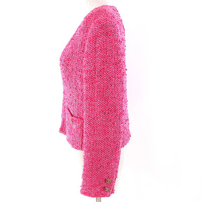 CHANEL P70041 Coco Mark Gold Button Cotton Tweed Collarless Jacket Pink 36 Made