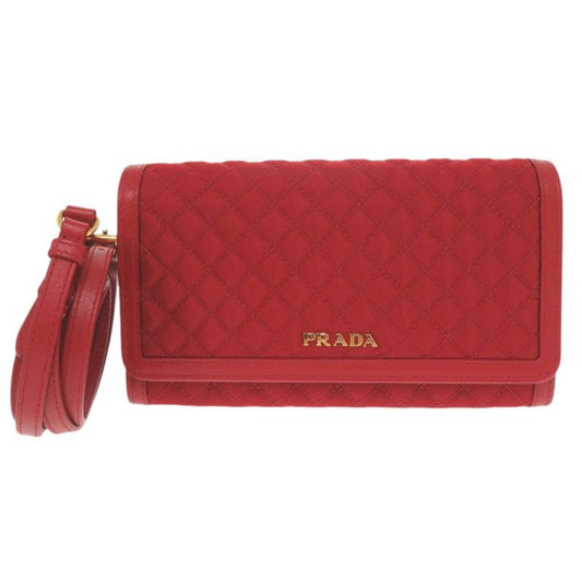 Prada 1 M1437 Nylon Leather Red Shoulder Wallet Long 1800
