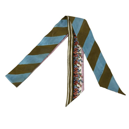 Fendi Scarf Light Blue Pink Multi Ribbon Floral Pattern Silk