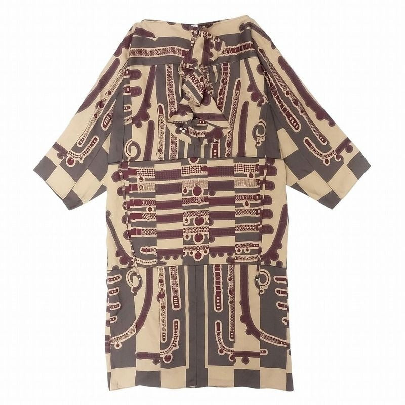 Hermes 23 SS Ruffle & prints Dress Silk Long Sleeves Size XL Tnt