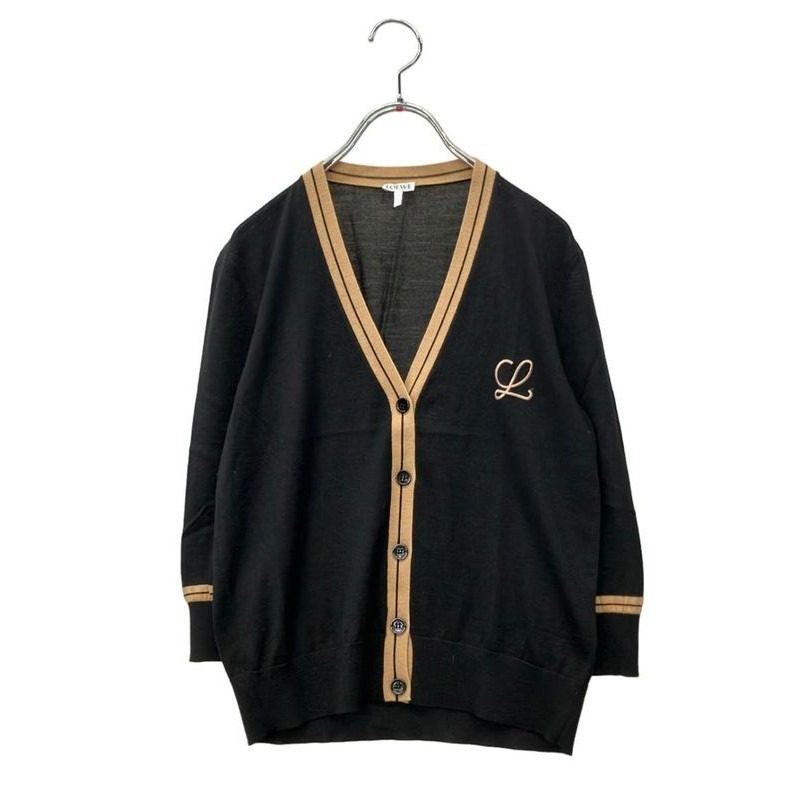 Loewe Long Sleeve Knit Cardigan Cropped Logo Embroidery Wool Lightweight Button