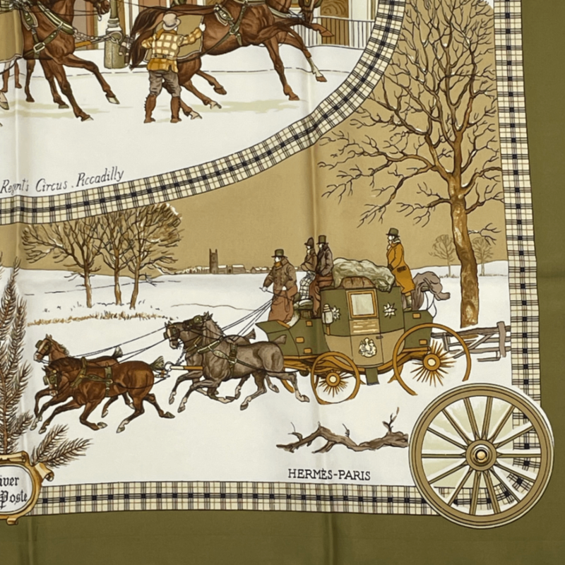 Hermes Scarf Carre 90 Lhiver EN Poste Winter Mail Coach 100% Silk Brown