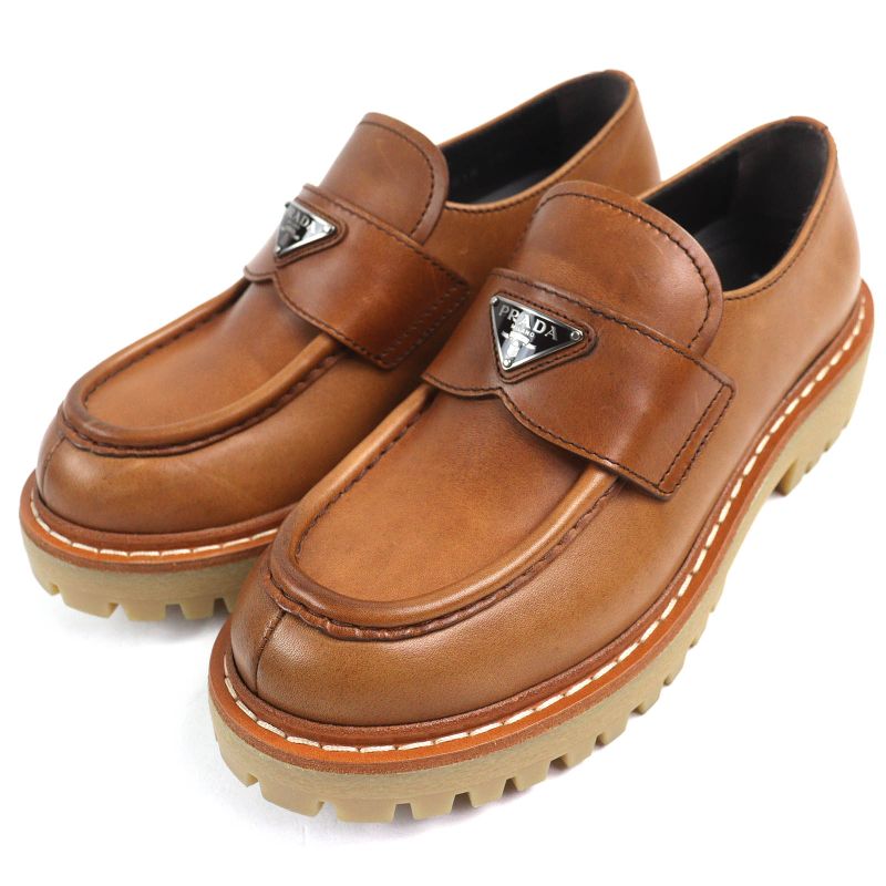 Prada 1d801n Triangle Logo Triangle Plate Oxford Leather Loafers Brown 37.5
